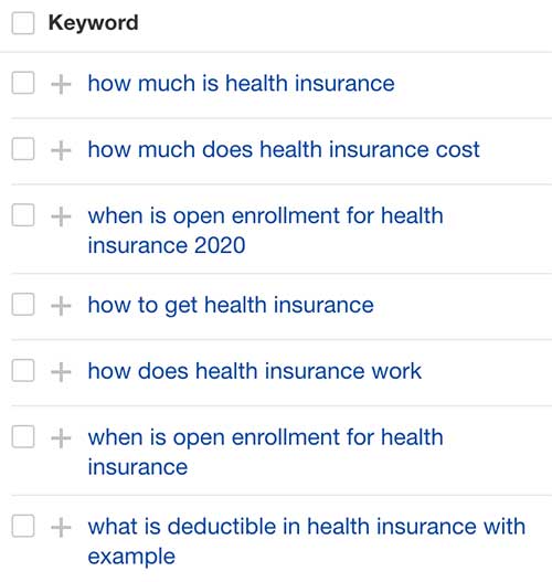 list of health insurance related keywords