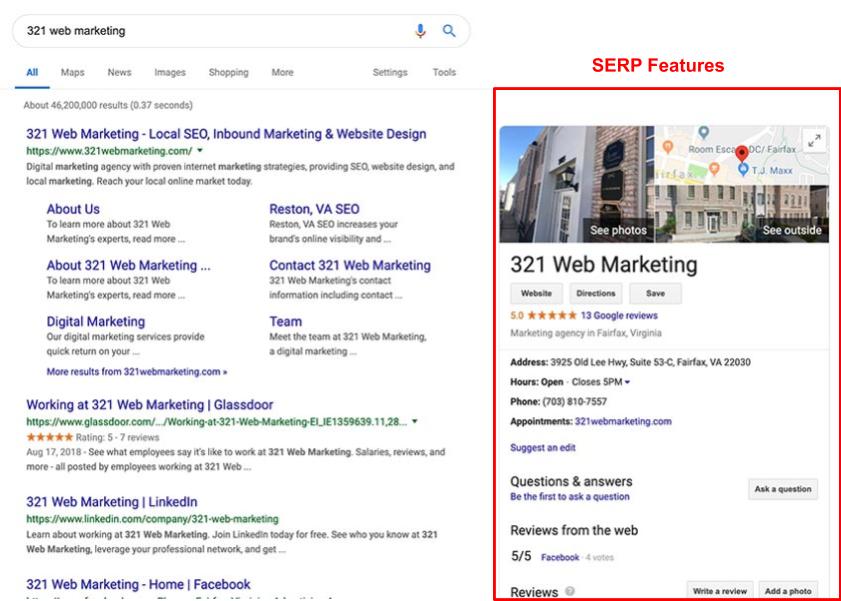 321 Web Marketing 2019 Google SERP features