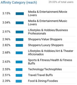 affinity category of 321 web marketing users shown in google analytics