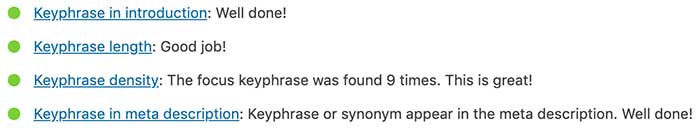 yoast seo results showing ideal keyword percentages for optimal on page seo