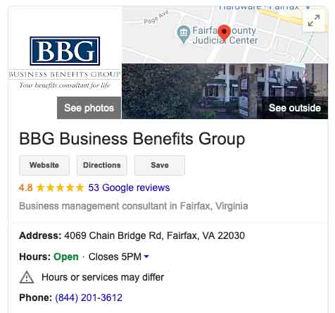 Google My Business information for BBG