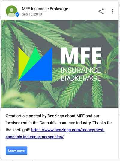 Google My Business post by MFE Insurance