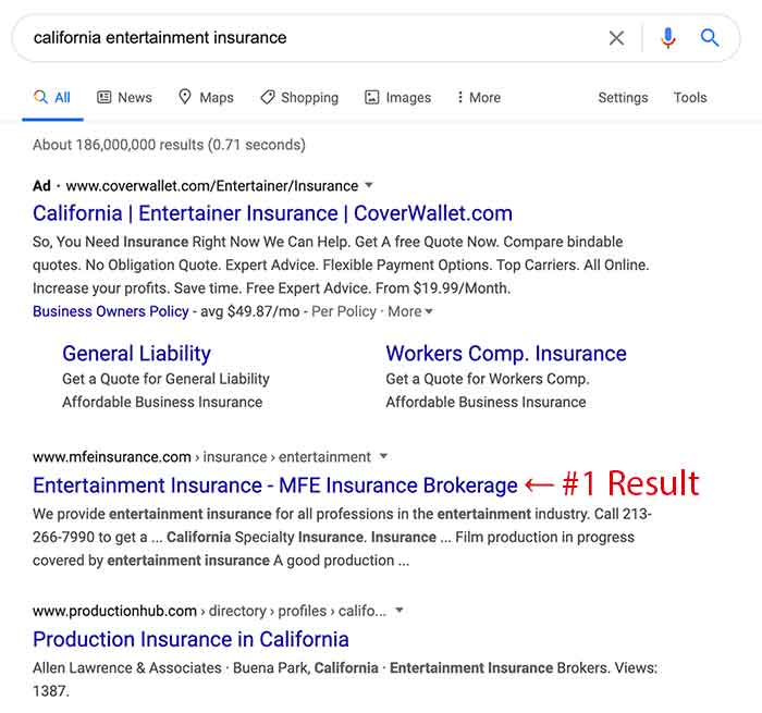 SERPs for California entertainment insurance showing the importance of Google My Business