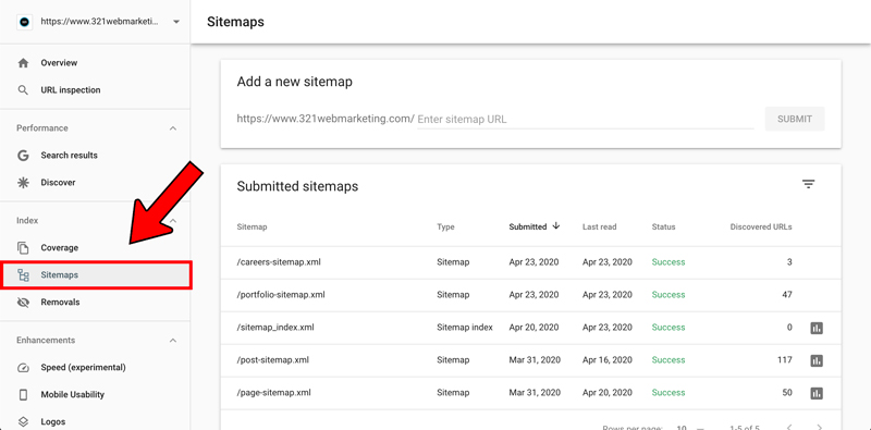 Google Search Console sitemap example