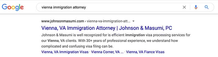 Local SEO search results for Vienna immigration attorney