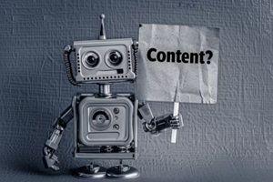 robot holding content sign in monochrome