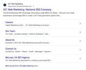 Google search showing 321 web marketing