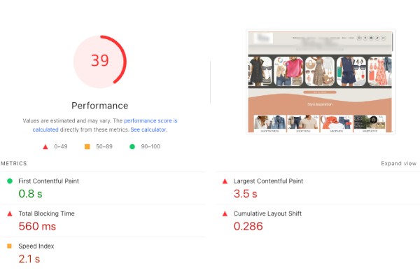Google PageSpeed Insights Poor Score Example