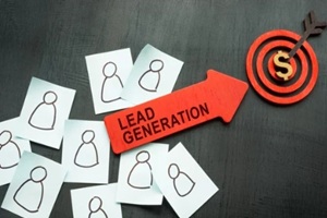 arrow with sign Lead generation and stickers with figurines